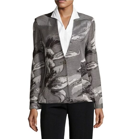 Misook Tailored Knit Blazer Jacket Cardigan Abstract Floral Stripes Gray - Picture 1 of 11